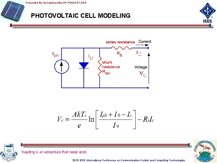 Presented By: M. Kaliamoorthy, AP, PSNACET, EEE PHOTOVOLTAIC CELL MODELING Reading is an adventure