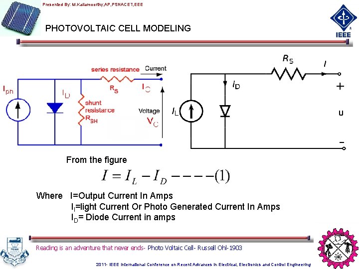 Presented By: M. Kaliamoorthy, AP, PSNACET, EEE PHOTOVOLTAIC CELL MODELING From the figure Where