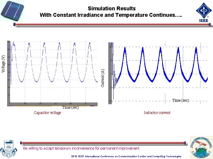 Current (A) Voltage (V) Simulation Results With Constant Irradiance and Temperature Continues…. Time (sec)