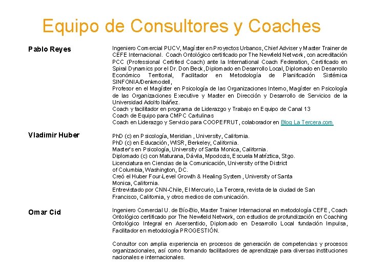 Equipo de Consultores y Coaches Pablo Reyes Ingeniero Comercial PUCV, Magíster en Proyectos Urbanos,