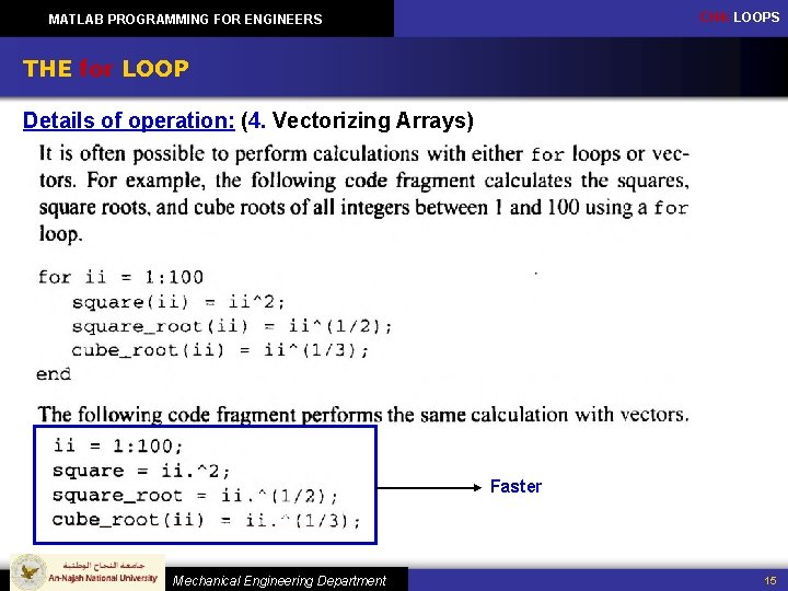 CH 4: LOOPS MATLAB PROGRAMMING FOR ENGINEERS THE for LOOP Details of operation: (4.