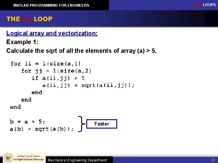 CH 4: LOOPS MATLAB PROGRAMMING FOR ENGINEERS THE for LOOP Logical array and vectorization: