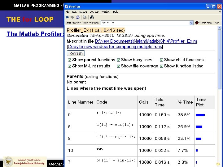 MATLAB PROGRAMMING FOR ENGINEERS CH 4: LOOPS THE for LOOP The Matlab Profiler: Mechanical