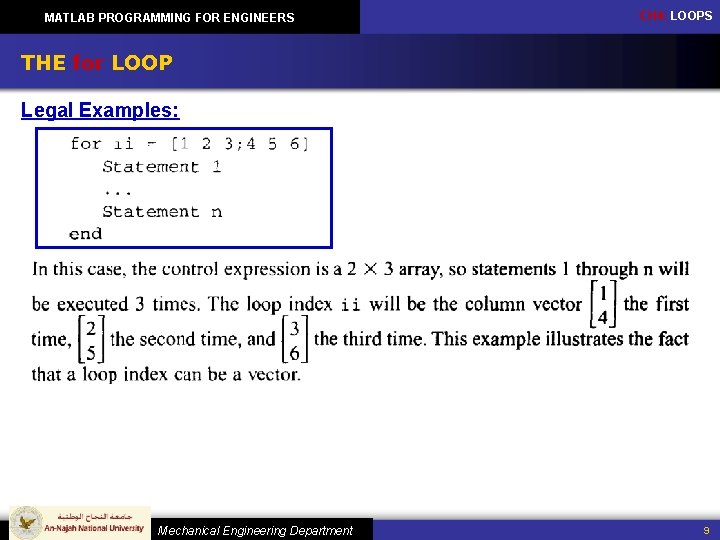 MATLAB PROGRAMMING FOR ENGINEERS CH 4: LOOPS THE for LOOP Legal Examples: Mechanical Engineering