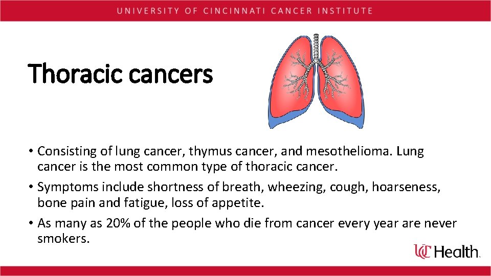 Thoracic cancers • Consisting of lung cancer, thymus cancer, and mesothelioma. Lung cancer is