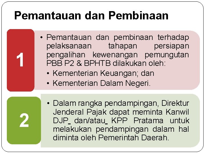 Pemantauan dan Pembinaan 1 2 • Pemantauan dan pembinaan terhadap pelaksanaan tahapan persiapan pengalihan