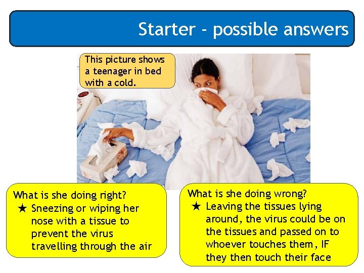 Starter - possible answers This picture shows a teenager in bed with a cold.