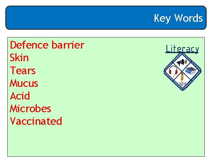 Key Words Defence barrier Skin Tears Mucus Acid Microbes Vaccinated 