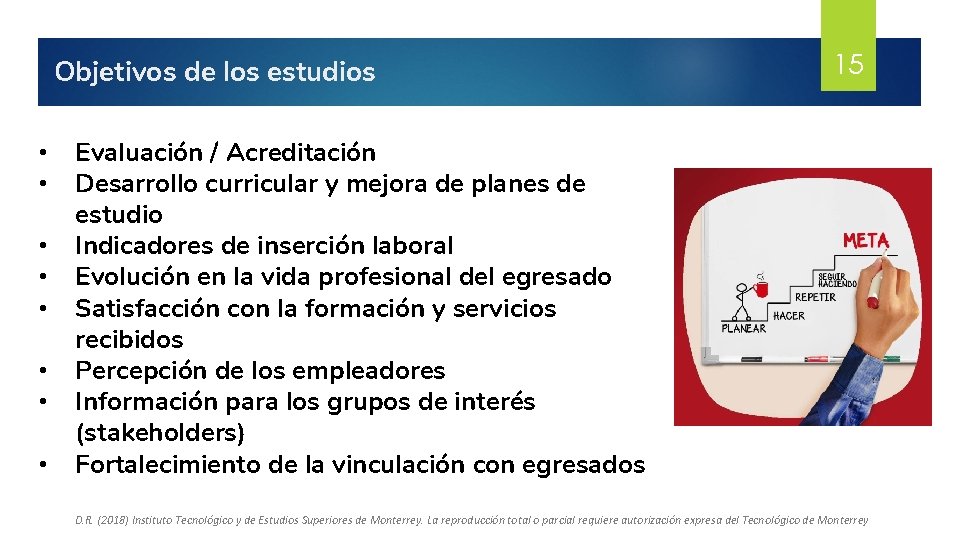 Objetivos de los estudios • • 15 Evaluación / Acreditación Desarrollo curricular y mejora