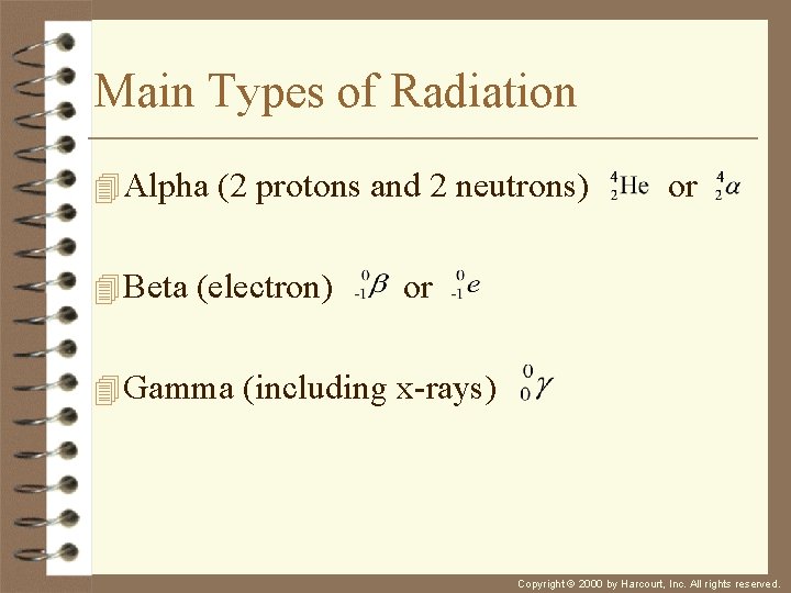 Main Types of Radiation 4 Alpha (2 protons and 2 neutrons) 4 Beta (electron)