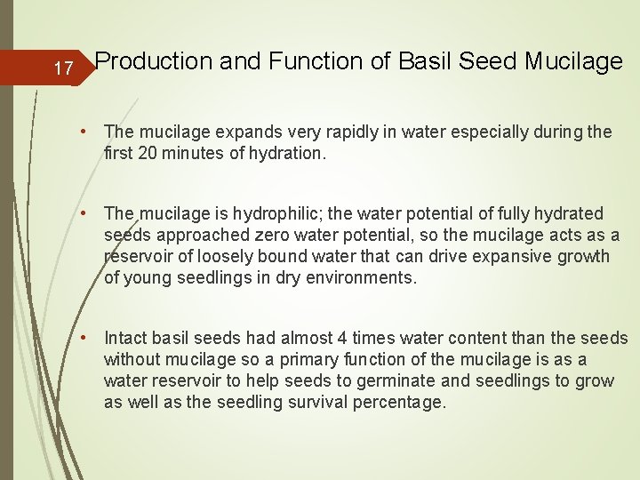 17 Production and Function of Basil Seed Mucilage • The mucilage expands very rapidly