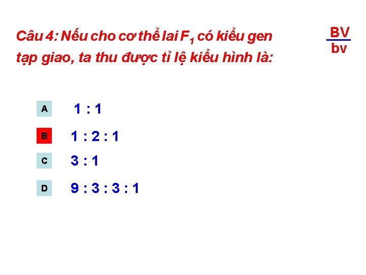 Câu 4: Nếu cho cơ thể lai F 1 có kiểu gen tạp giao,