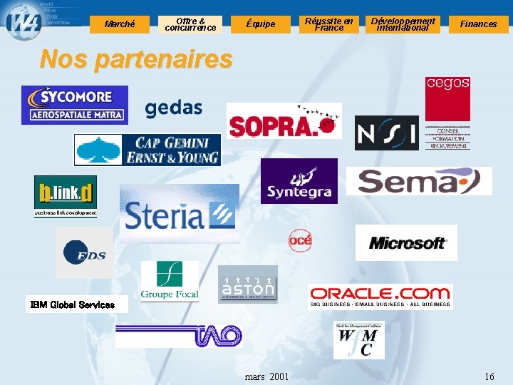 Marché Offre & concurrence Équipe Réussite en France Développement international Finances Nos partenaires IBM