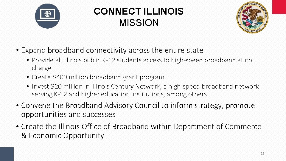 CONNECT ILLINOIS MISSION • Expand broadband connectivity across the entire state • Provide all