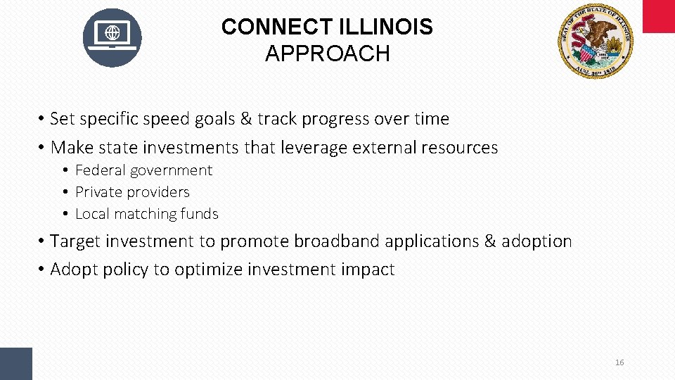 CONNECT ILLINOIS APPROACH • Set specific speed goals & track progress over time •
