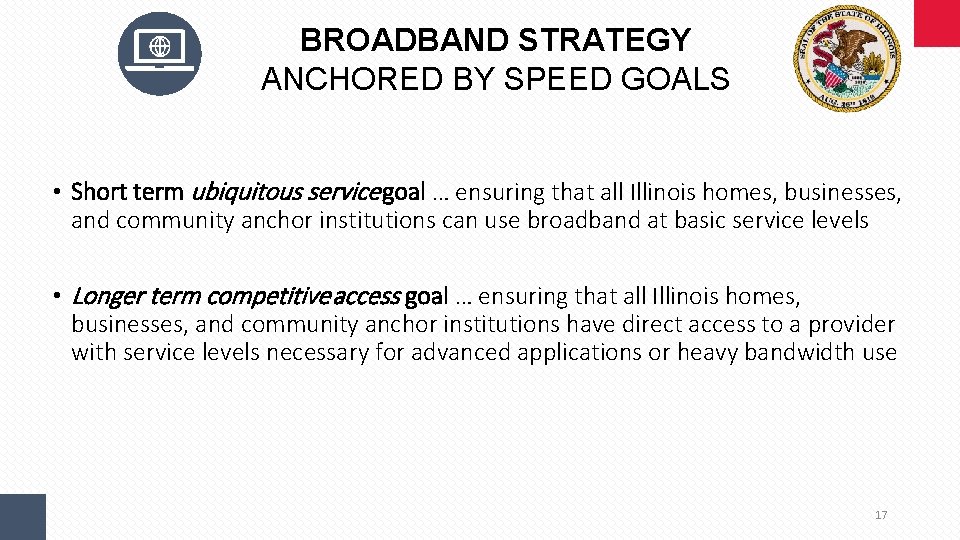 BROADBAND STRATEGY ANCHORED BY SPEED GOALS • Short term ubiquitous service goal … ensuring