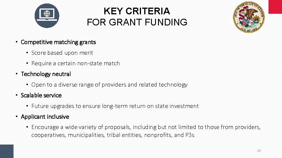 KEY CRITERIA FOR GRANT FUNDING • Competitive matching grants • Score based upon merit