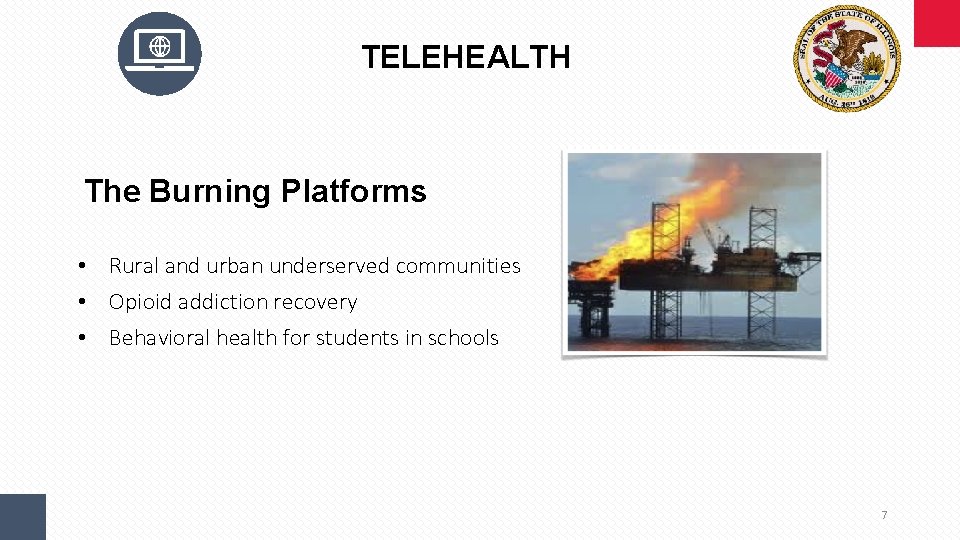 TELEHEALTH The Burning Platforms • Rural and urban underserved communities • Opioid addiction recovery