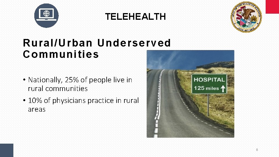 TELEHEALTH Rural/Urban Underserved Communities • Nationally, 25% of people live in rural communities •