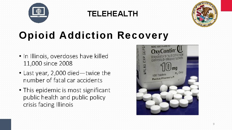 TELEHEALTH Opioid Addiction Recovery • In Illinois, overdoses have killed 11, 000 since 2008