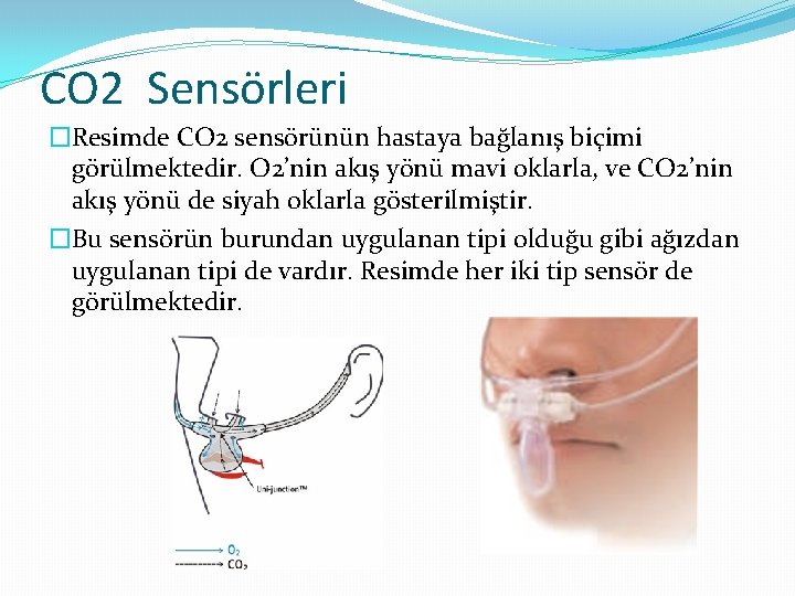 CO 2 Sensörleri �Resimde CO 2 sensörünün hastaya bağlanış biçimi görülmektedir. O 2’nin akış