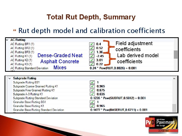 Total Rut Depth, Summary Rut depth model and calibration coefficients Dense-Graded Neat Asphalt Concrete