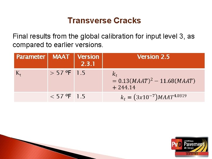 Transverse Cracks Final results from the global calibration for input level 3, as compared