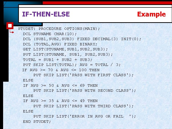 IF-THEN-ELSE Example STUDET: PROCEDURE OPTIONS(MAIN); DCL STUNAME CHAR(10); DCL (SUB 1, SUB 2, SUB