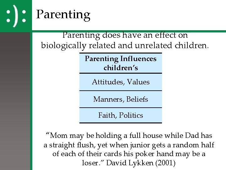 Parenting does have an effect on biologically related and unrelated children. Parenting Influences children’s