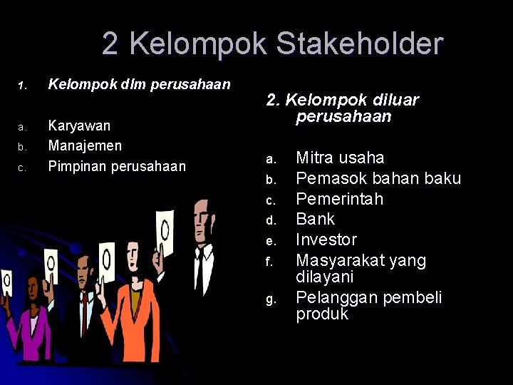 2 Kelompok Stakeholder 1. Kelompok dlm perusahaan a. Karyawan Manajemen Pimpinan perusahaan b. c.