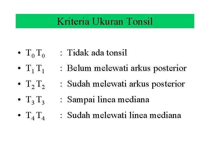 Kriteria Ukuran Tonsil • T 0 : Tidak ada tonsil • T 1 :