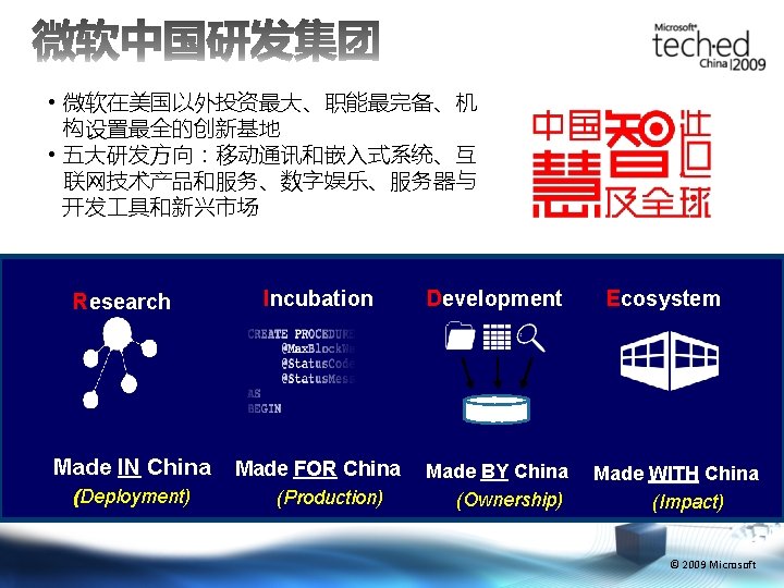  • 微软在美国以外投资最大、职能最完备、机 构设置最全的创新基地 • 五大研发方向：移动通讯和嵌入式系统、互 联网技术产品和服务、数字娱乐、服务器与 开发 具和新兴市场 Research Made IN China (Deployment)