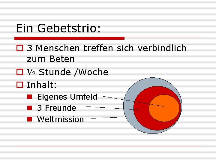 Ein Gebetstrio: o 3 Menschen treffen sich verbindlich zum Beten o ½ Stunde /Woche