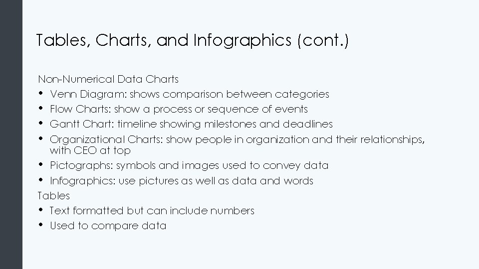 Tables, Charts, and Infographics (cont. ) Non-Numerical Data Charts • Venn Diagram: shows comparison Tables, Charts, and Infographics (cont. ) Non-Numerical Data Charts • Venn Diagram: shows comparison