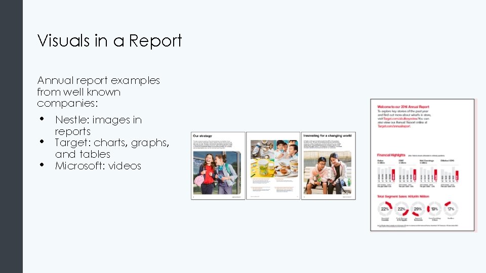 Visuals in a Report Annual report examples from well known companies: • • • Visuals in a Report Annual report examples from well known companies: • • •