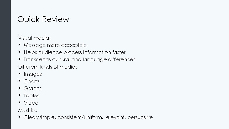 Quick Review Visual media: • Message more accessible • Helps audience process information faster Quick Review Visual media: • Message more accessible • Helps audience process information faster