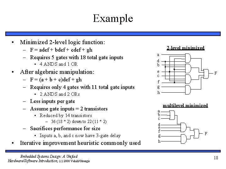 Example • Minimized 2 -level logic function: – F = adef + bdef +