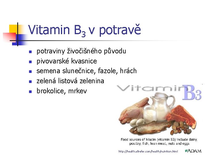 Vitamin B 3 v potravě n n n potraviny živočišného původu pivovarské kvasnice semena