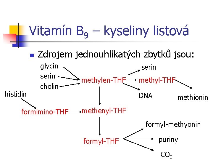 Vitamín B 9 – kyseliny listová n histidin Zdrojem jednouhlíkatých zbytků jsou: glycin serin