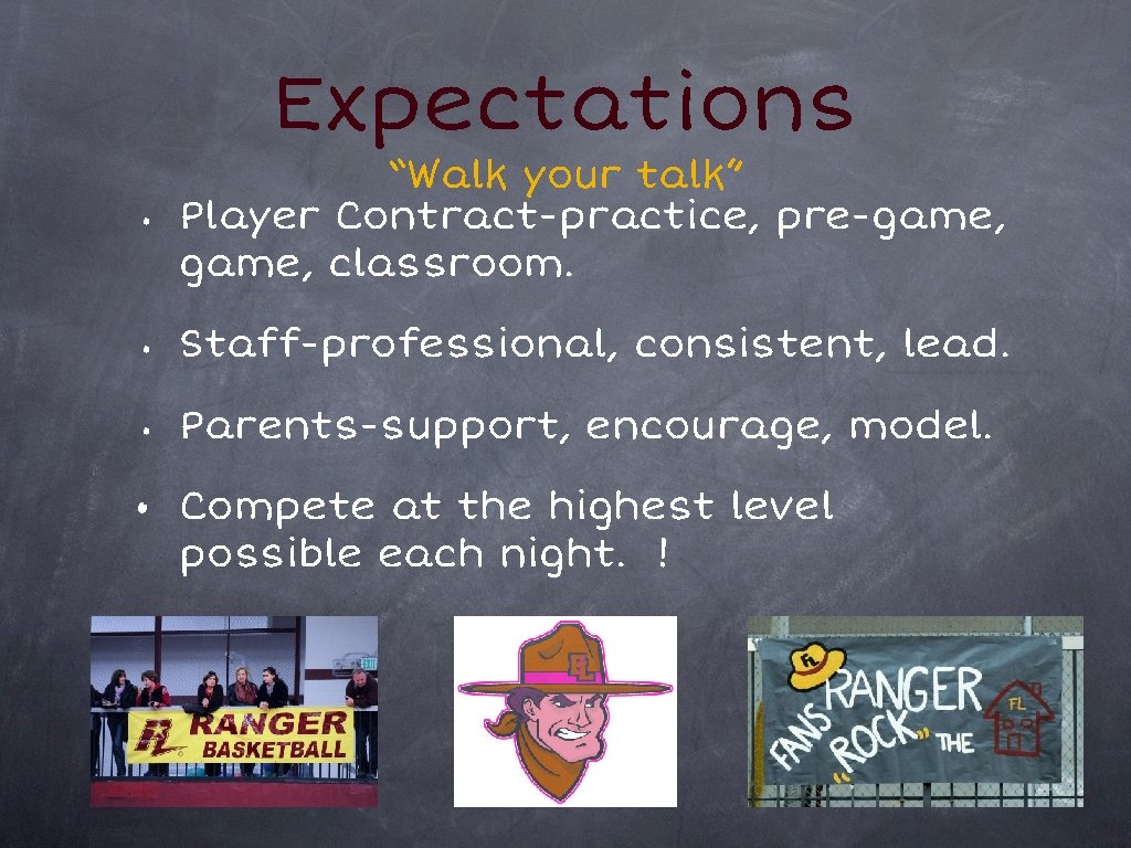 Expectations • “Walk your talk” Player Contract-practice, pre-game, classroom. • Staff-professional, consistent, lead. •