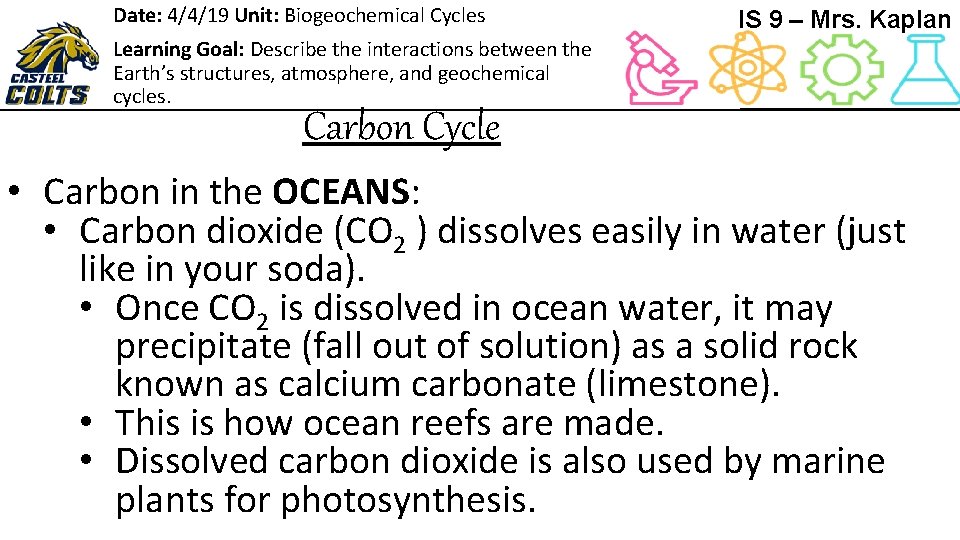 Date: 4/4/19 Unit: Biogeochemical Cycles IS 9 – Mrs. Kaplan Learning Goal: Describe the