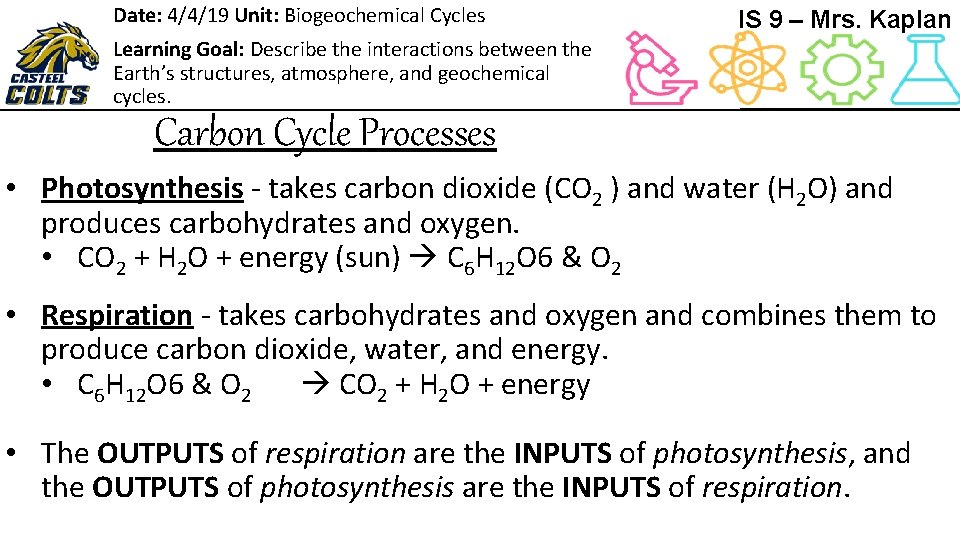 Date: 4/4/19 Unit: Biogeochemical Cycles IS 9 – Mrs. Kaplan Learning Goal: Describe the