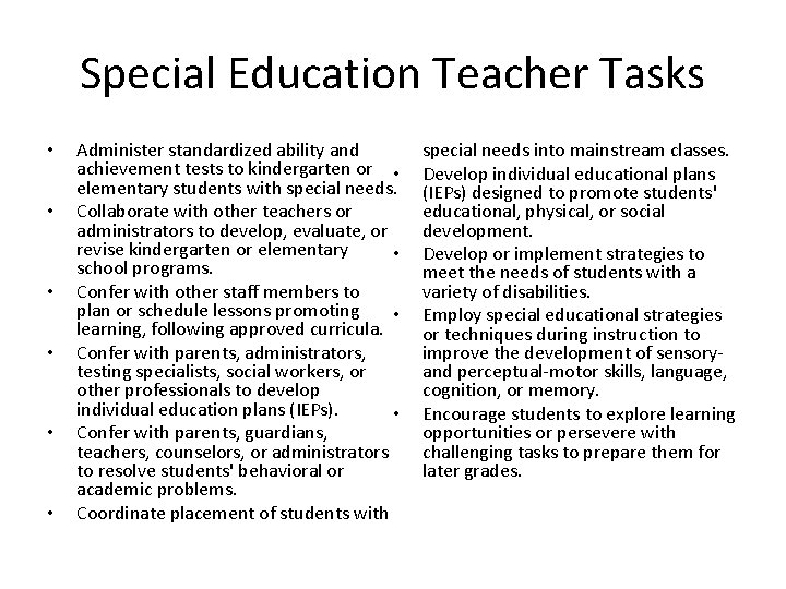 Special Education Teacher Tasks • • • Administer standardized ability and achievement tests to