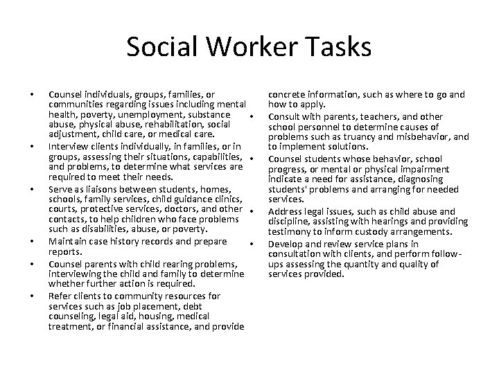 Social Worker Tasks • • • Counsel individuals, groups, families, or communities regarding issues