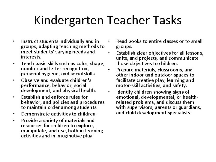 Kindergarten Teacher Tasks • • • Instruct students individually and in groups, adapting teaching