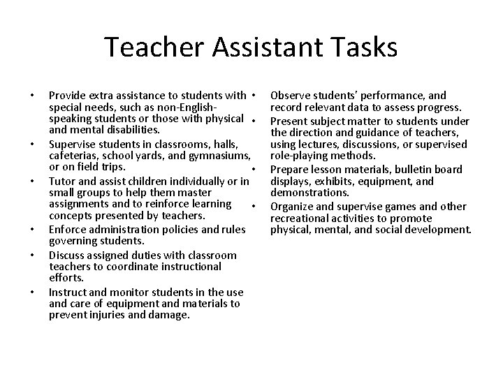 Teacher Assistant Tasks • • • Provide extra assistance to students with • special