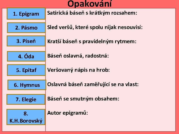 Opakování 1. Epigram Satirická báseň s krátkým rozsahem: 2. Pásmo Sled veršů, které spolu