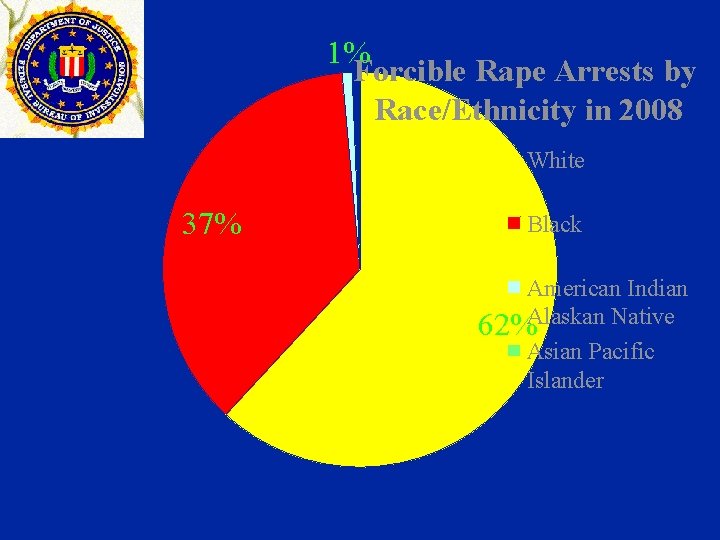 1% Forcible Rape Arrests by Race/Ethnicity in 2008 White 37% Black American Indian 62%Alaskan