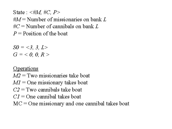 State : <#M, #C, P> #M = Number of missionaries on bank L #C