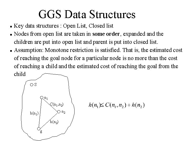GGS Data Structures Key data structures : Open List, Closed list Nodes from open